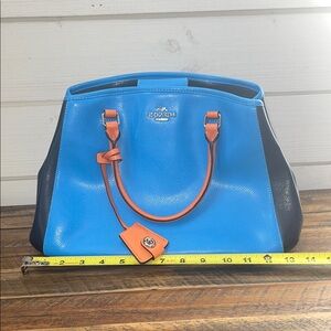 Coach Bright Blue Leather Tote with Orange Trim and Black Sides